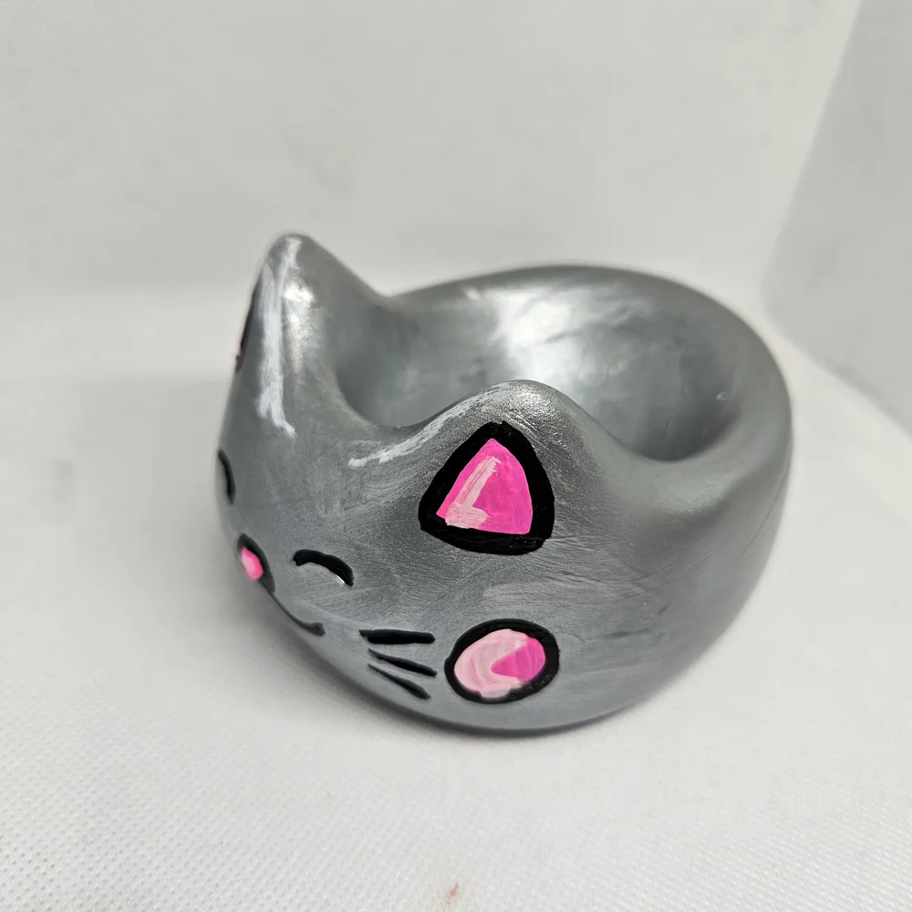Gray and Pink Cat Ceramic Holder